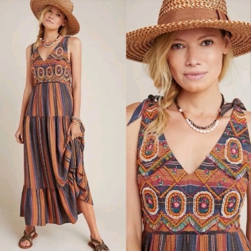 Anthropologie Ranna Gill Agave Beaded Embroidered Maxi Dress Large Petite